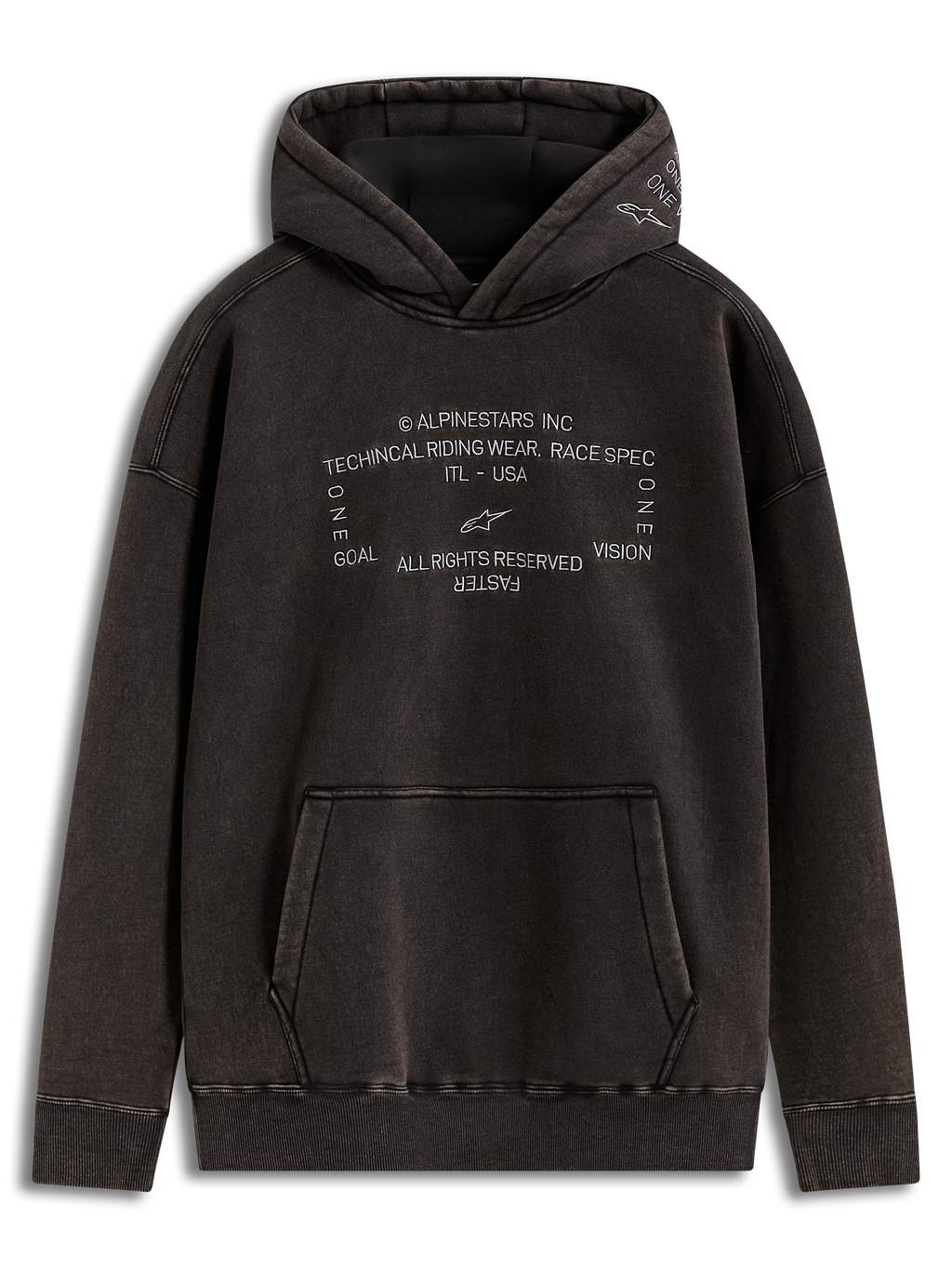 Alpinestars Infinite Washed Oversized Hoodie, sweat à capuche noir délavé effet neige avec logos racing et poche kangourou