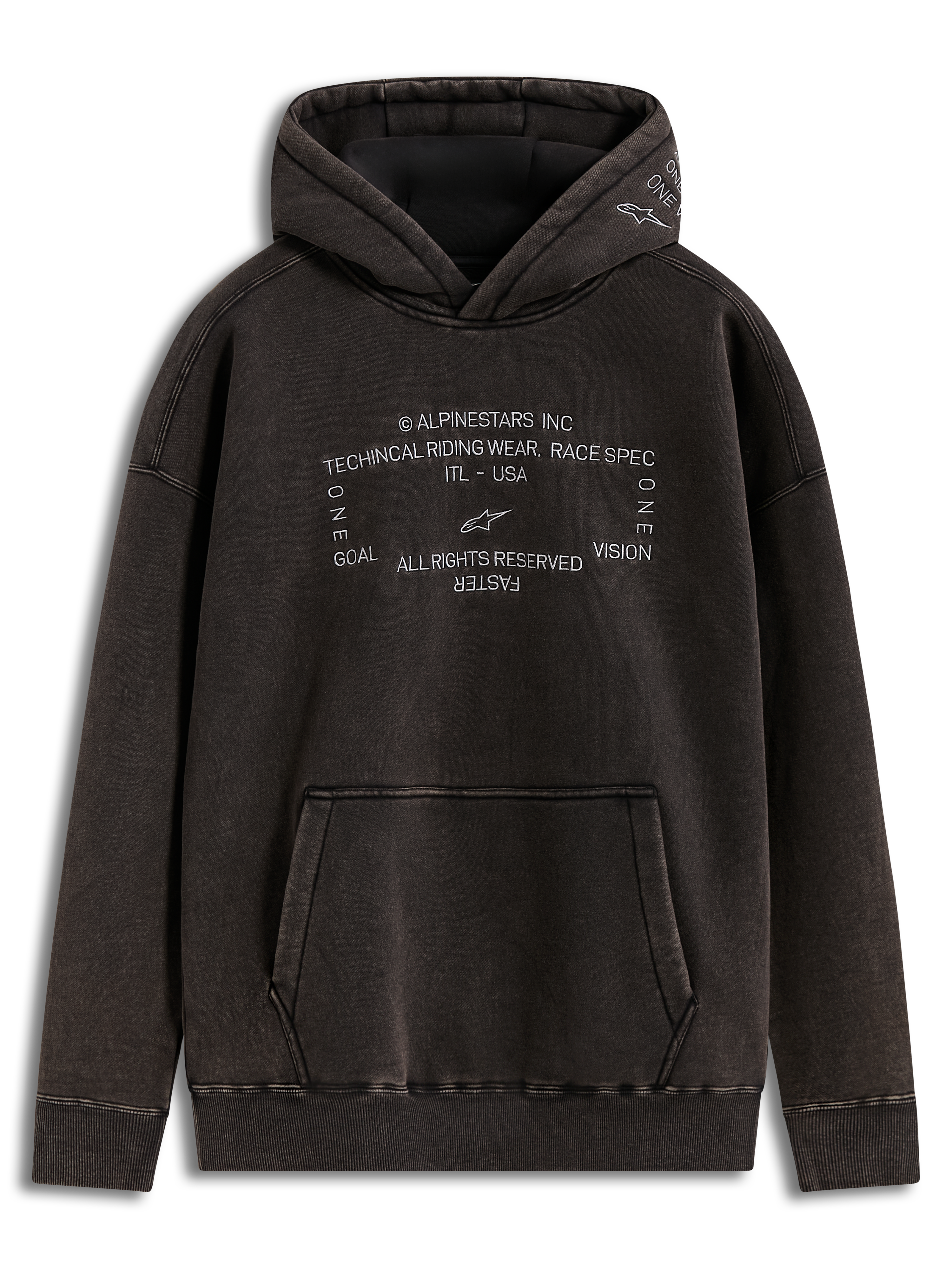 Alpinestars Infinite Washed Oversized Hoodie, sweat à capuche noir délavé effet neige avec logos racing et poche kangourou