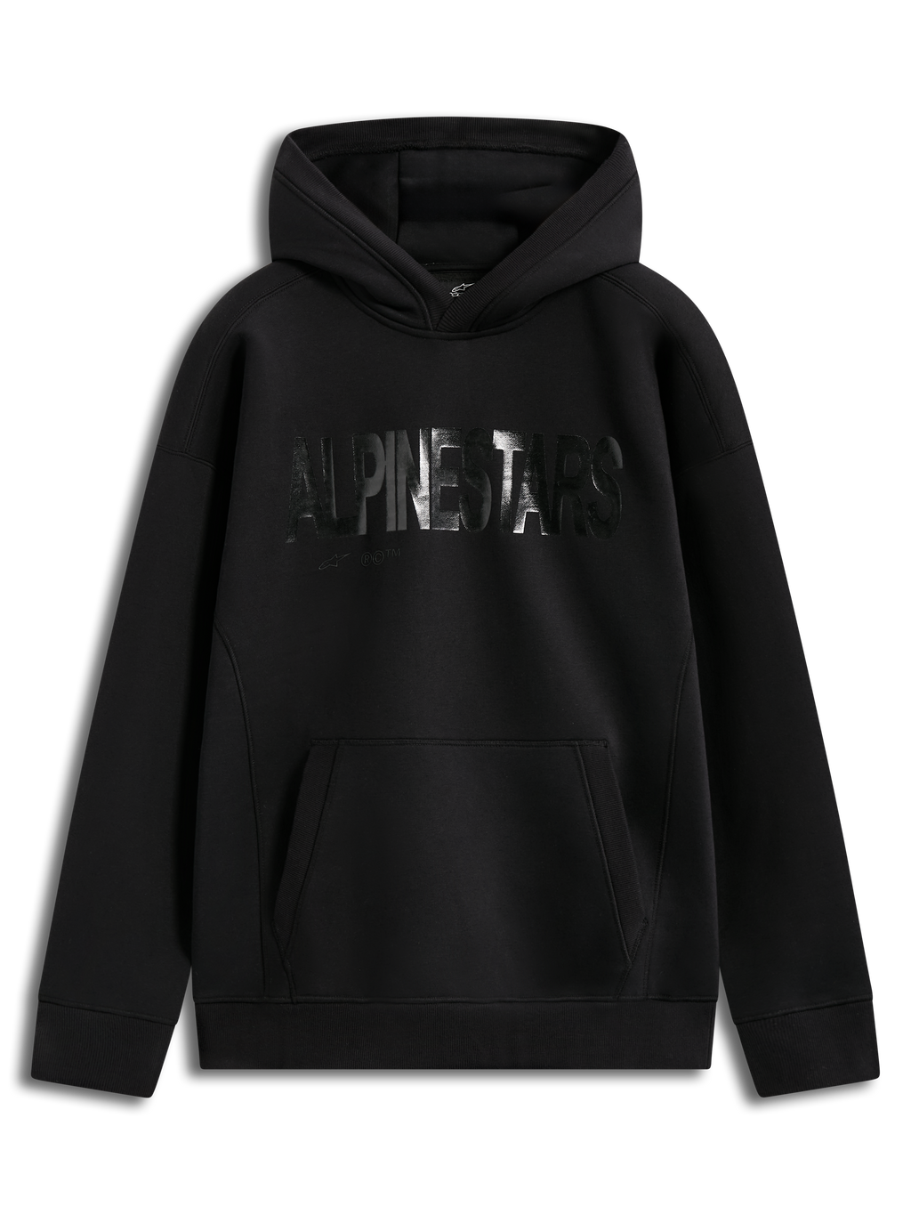 Alpinestars Shaw Oversized Hoodie, sweat à capuche en polaire noir, logo Alpinestars texturé sur le devant, poche kangourou, coupe ample décontractée