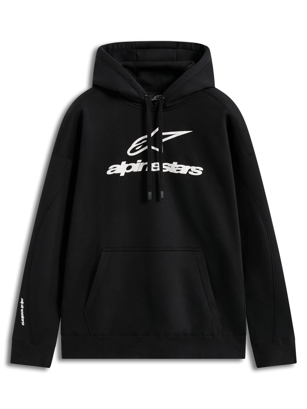Alpinestars Prelude Oversized Hoodie, sweat à capuche noir en polaire avec logo blanc en relief et poche kangourou.