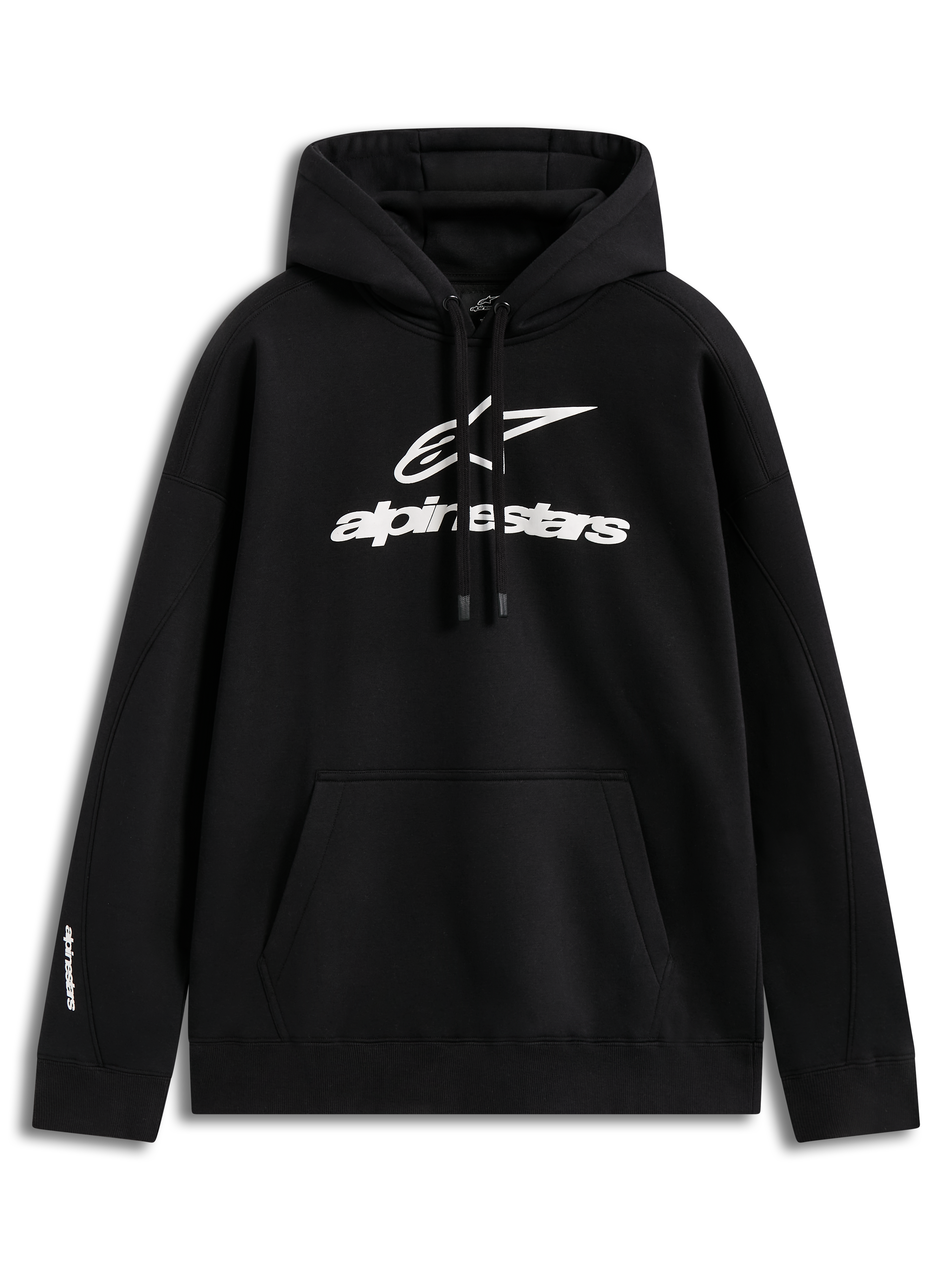 Alpinestars Prelude Oversized Hoodie, sweat à capuche noir en polaire avec logo blanc en relief et poche kangourou.