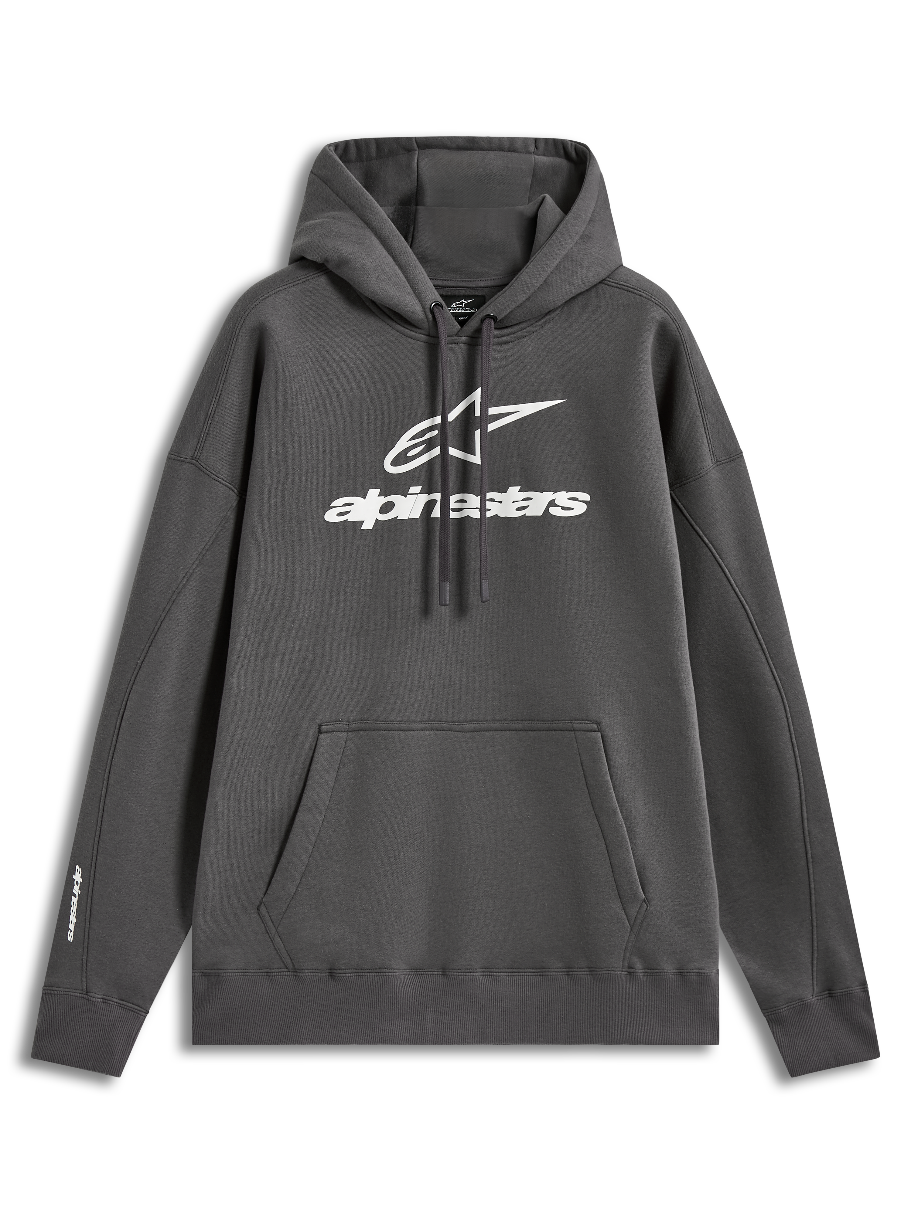 Alpinestars Prelude oversized hoodie, donkergrijze sportswear fleece pullover met wit puff-print logo en kangoeroezak.