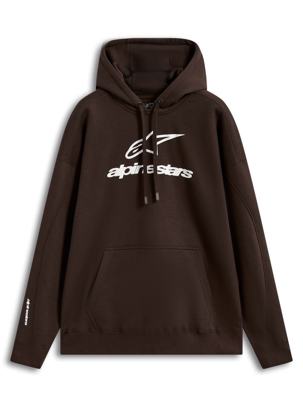 Alpinestars Prelude oversized hoodie, bruine fleece sportswear met wit puff-print borstlogo en kangoeroezak.