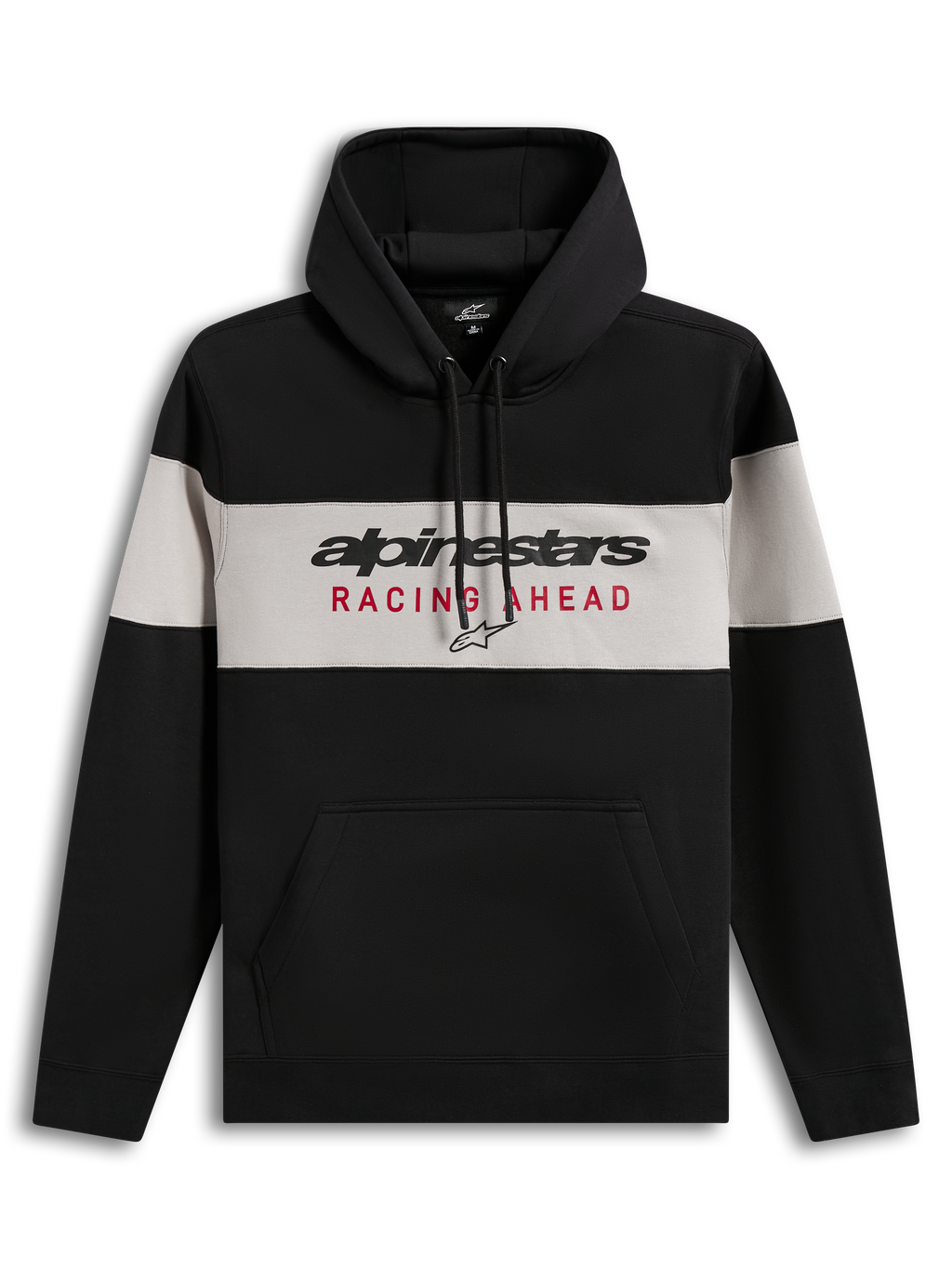 Alpinestars Cubic Hoodie, sweat à capuche en polaire noir et gris à blocs de couleurs, logo Racing Ahead et poche kangourou.