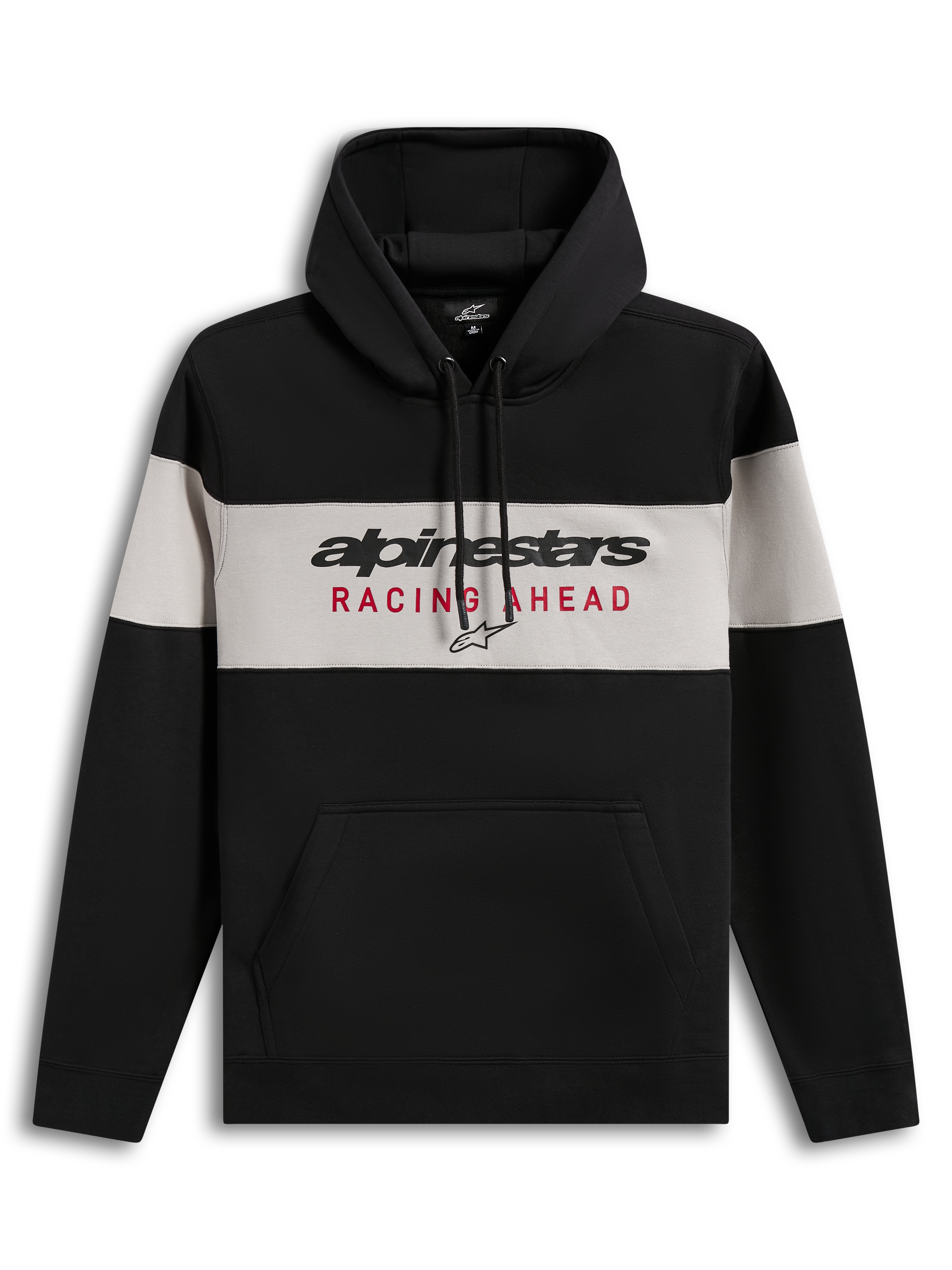 Alpinestars Cubic Hoodie, sweat à capuche en polaire noir et gris à blocs de couleurs, logo Racing Ahead et poche kangourou.