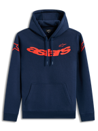 Alpinestars Velocifier Hoodie, sweat à capuche bleu marine en polaire avec logos Astars rouges, style sportswear.