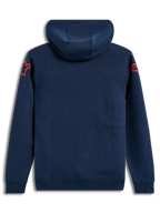 Alpinestars Velocifier Hoodie, sweat à capuche en polaire bleu marine avec logos Astars rouges aux épaules, vue de dos, style sportswear motorsport.