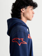 Alpinestars Velocifier, sweat à capuche de sportswear pour homme, bleu marine et rouge, vue de profil avec logo Astars rouge sur l'épaule, matière polaire confortable pour passionnés de sports mécaniques