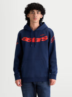 Alpinestars Velocifier, sweat à capuche de sportswear pour homme, bleu marine et rouge, avec logo Astars sur la poitrine et les épaules, construction en polaire de coton avec poche kangourou