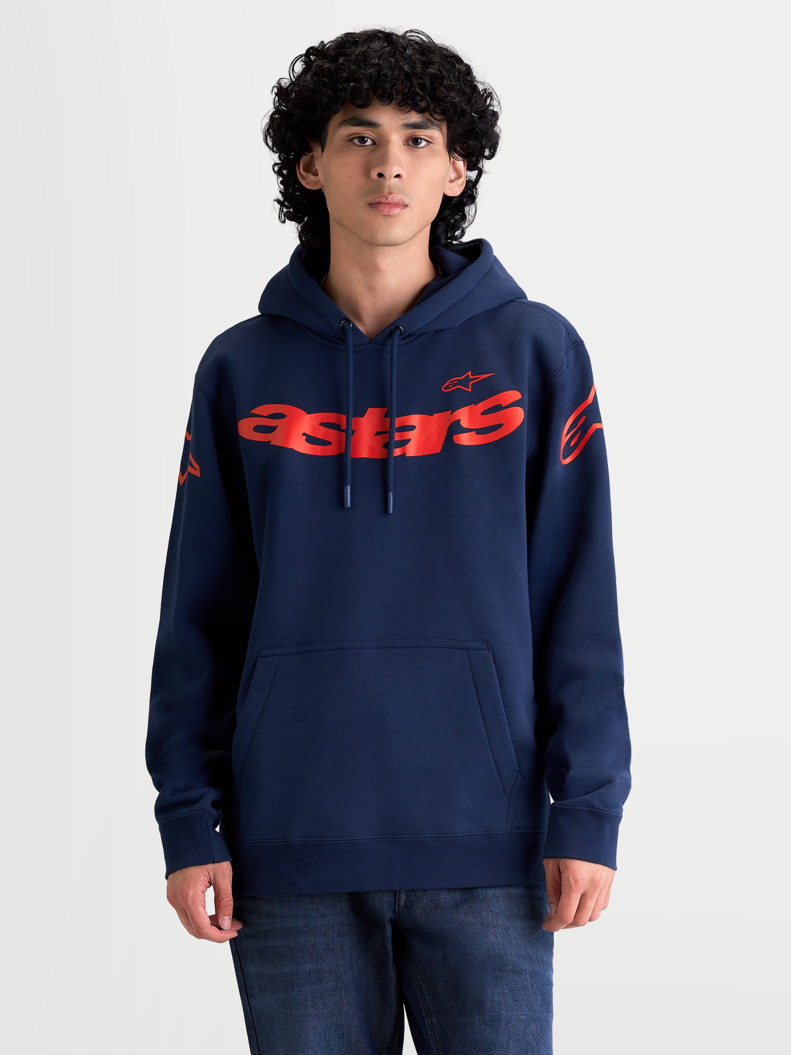 Alpinestars Velocifier, sweat à capuche de sportswear pour homme, bleu marine et rouge, avec logo Astars sur la poitrine et les épaules, construction en polaire de coton avec poche kangourou