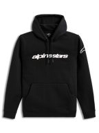 Alpinestars Race Wordmark Hoodie, sweat à capuche noir et blanc avec logo linéaire sur la poitrine et logo Ageless sur la manche, style sportswear