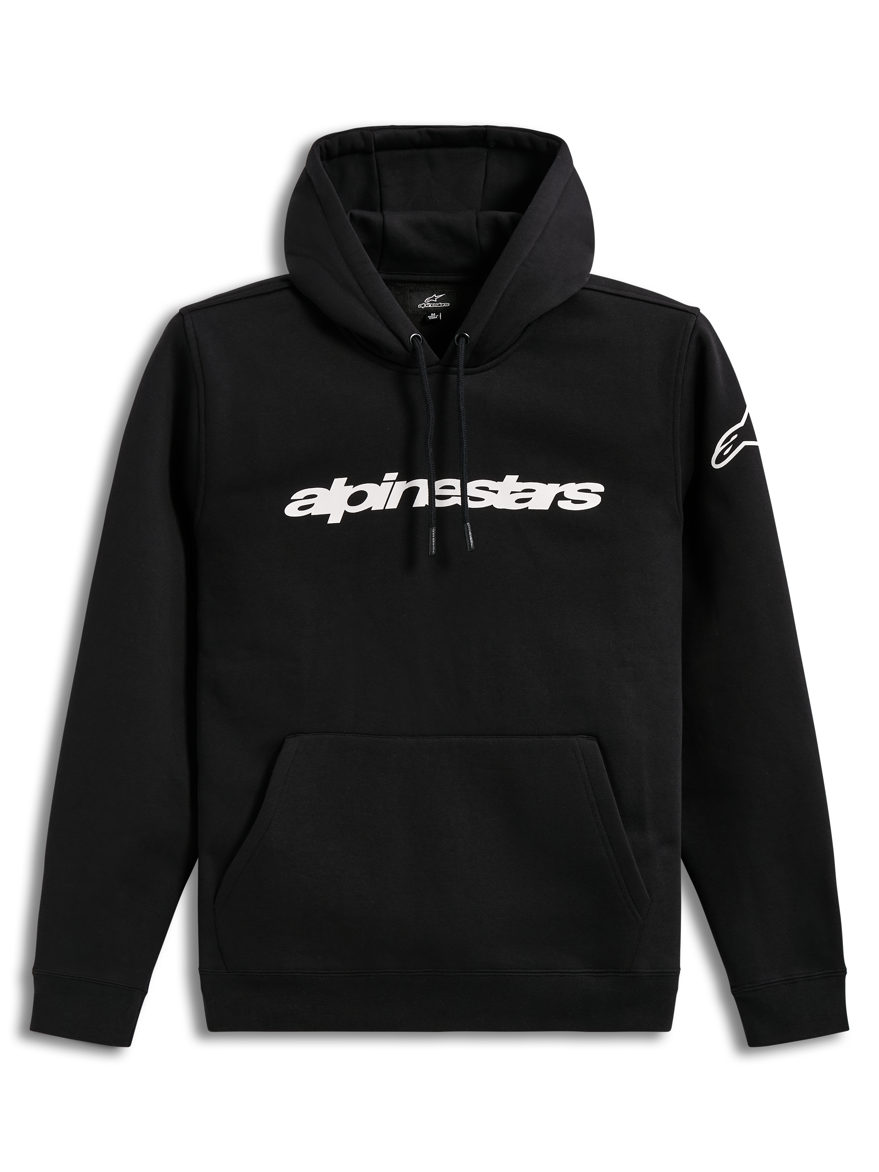 Alpinestars Race Wordmark Hoodie, sweat à capuche noir et blanc avec logo linéaire sur la poitrine et logo Ageless sur la manche, style sportswear