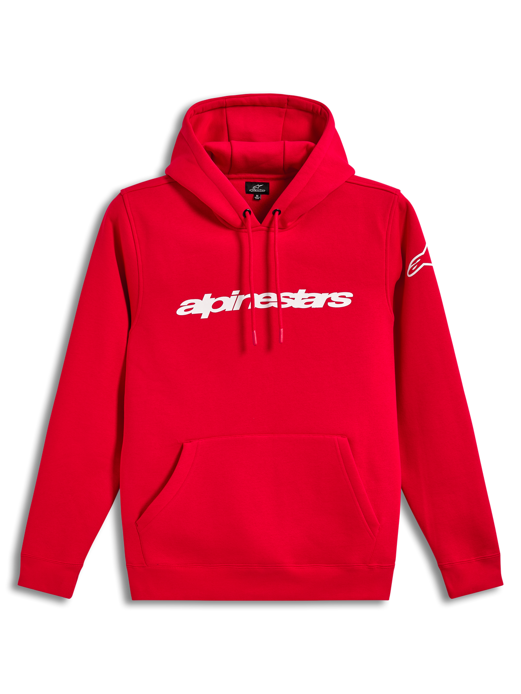 Alpinestars Race Wordmark Hoodie, rood fleece sweatshirt met wit lineair logo, capuchon en kangoeroezak.