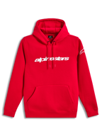 Alpinestars Race Wordmark Hoodie, rood fleece sweatshirt met wit lineair logo, capuchon en kangoeroezak.