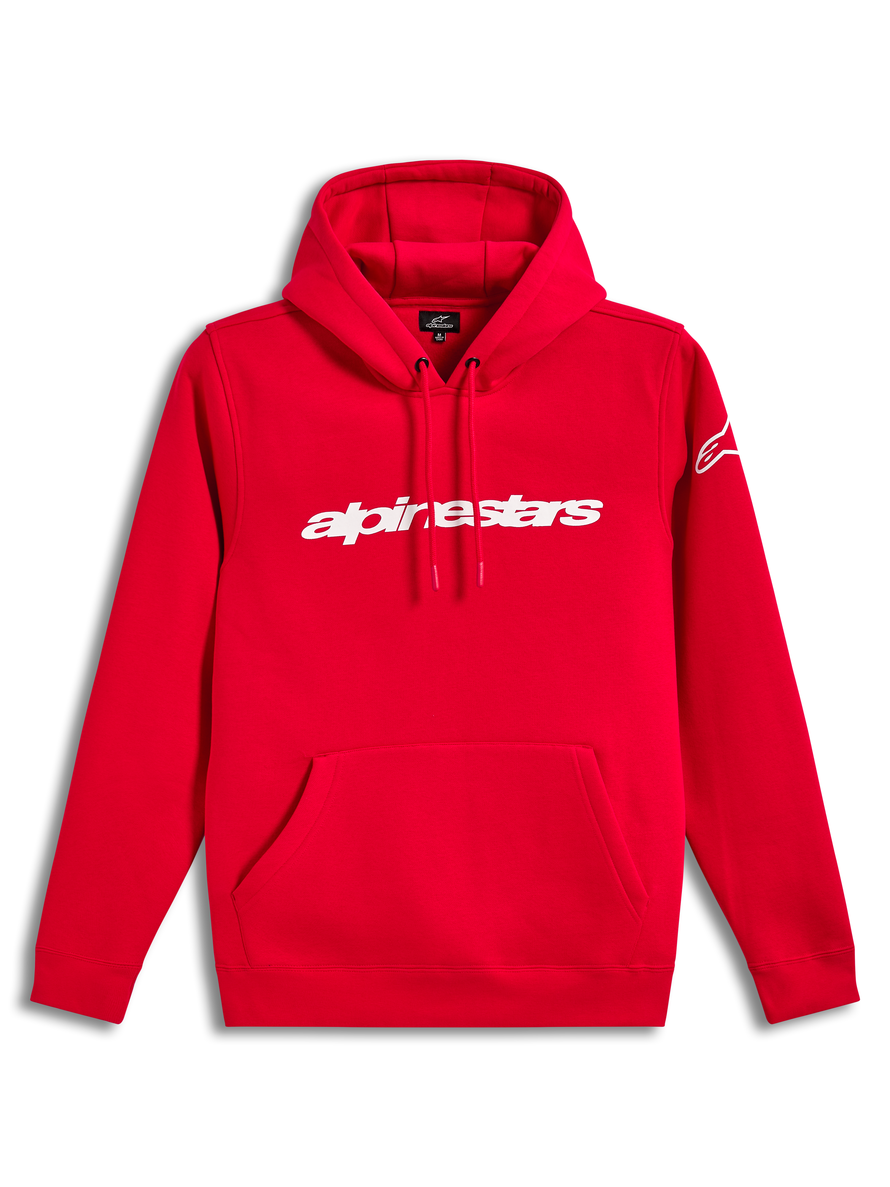 Alpinestars Race Wordmark Hoodie, rood fleece sweatshirt met wit lineair logo, capuchon en kangoeroezak.