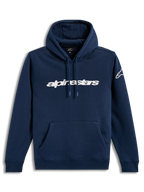 Alpinestars Race Wordmark Hoodie, Navy blue and white sportswear pullover with bold logo graphics and a front pouch pocket.
