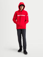 Alpinestars Race Wordmark Hoodie, herenhoodie van fleece, rood en wit, met wit Alpinestars-woordlogo op de borst en Ageless-logo op de mouw, gevoerde capuchon met trekkoord, casual motorsportkleding.