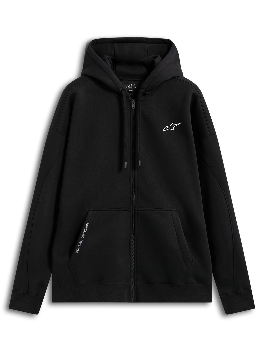 Alpinestars Sweat À Capuche Pioneer Oversize, sweat à capuche zippé sportswear pour homme et femme, noir, coupe décontractée avec fermeture Vislon, poche kangourou avec texte brodé « ONE GOAL. ONE VISION. », logo Astars blanc brodé sur la poitrine, mélange de coton et polyester recyclé.