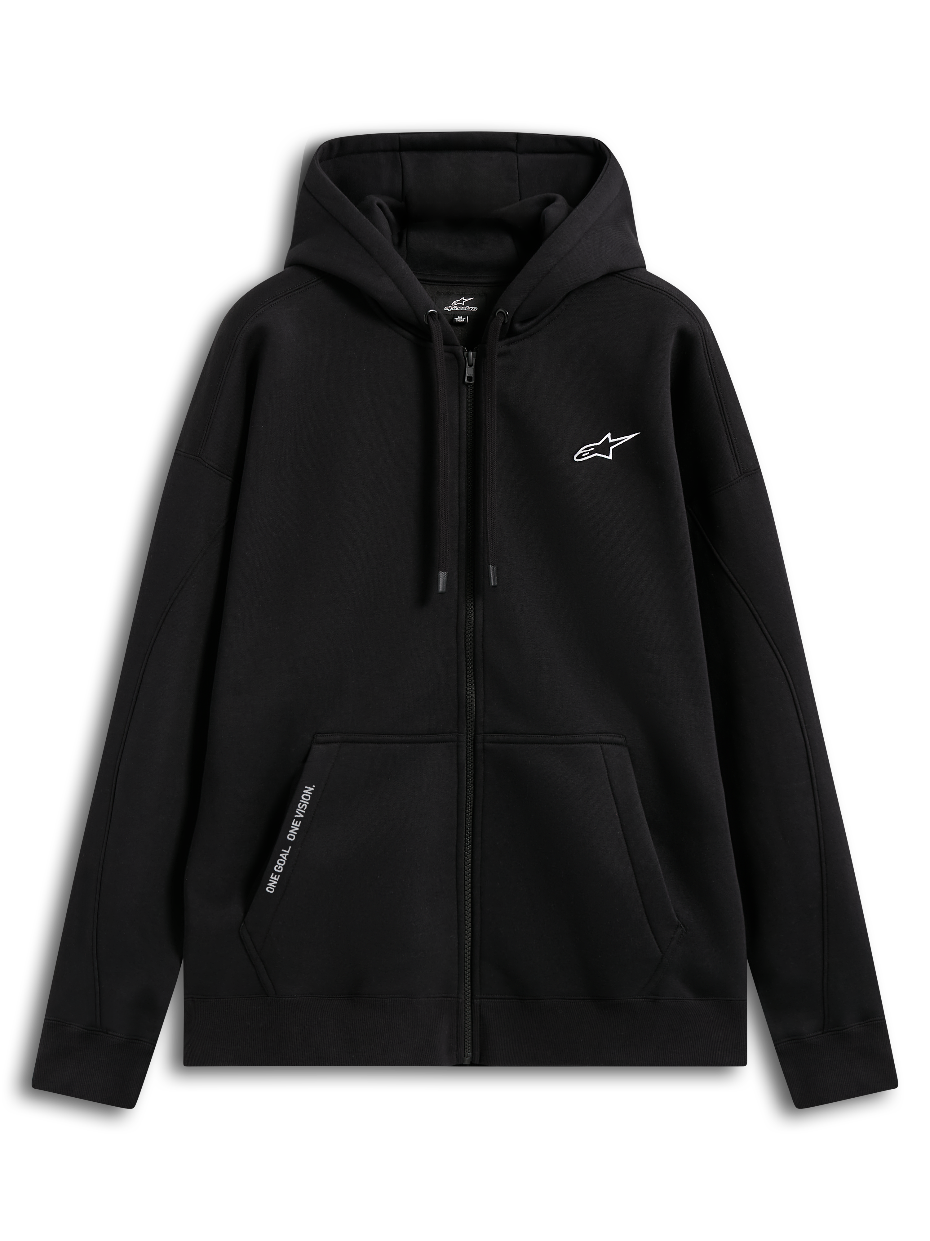 Alpinestars Sweat À Capuche Pioneer Oversize, sweat à capuche zippé sportswear pour homme et femme, noir, coupe décontractée avec fermeture Vislon, poche kangourou avec texte brodé « ONE GOAL. ONE VISION. », logo Astars blanc brodé sur la poitrine, mélange de coton et polyester recyclé.