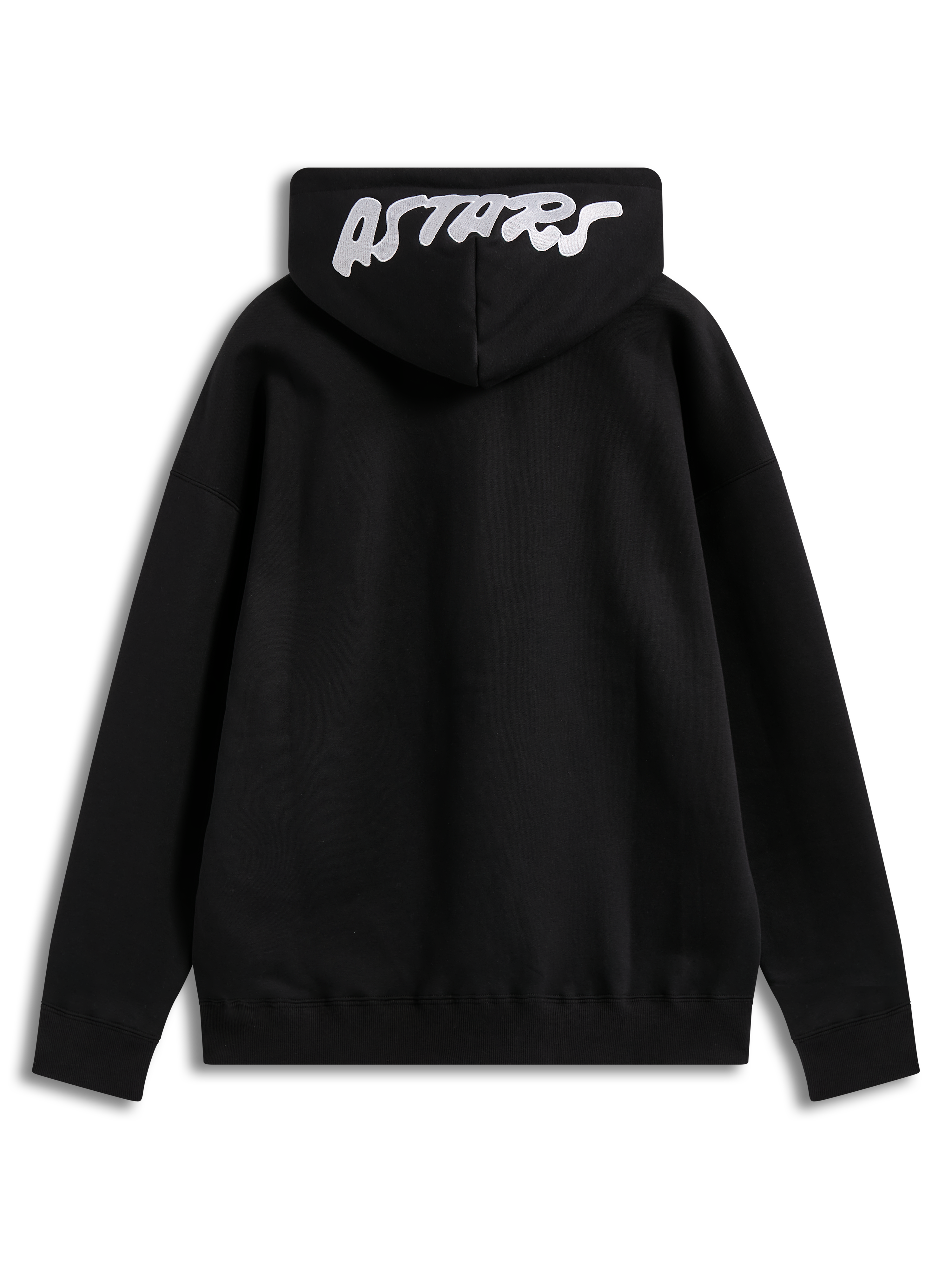 Alpinestars Pioneer Oversized Hoodie, sweat à capuche noir, en polaire, logo Astars blanc brodé sur la capuche, vue de dos.