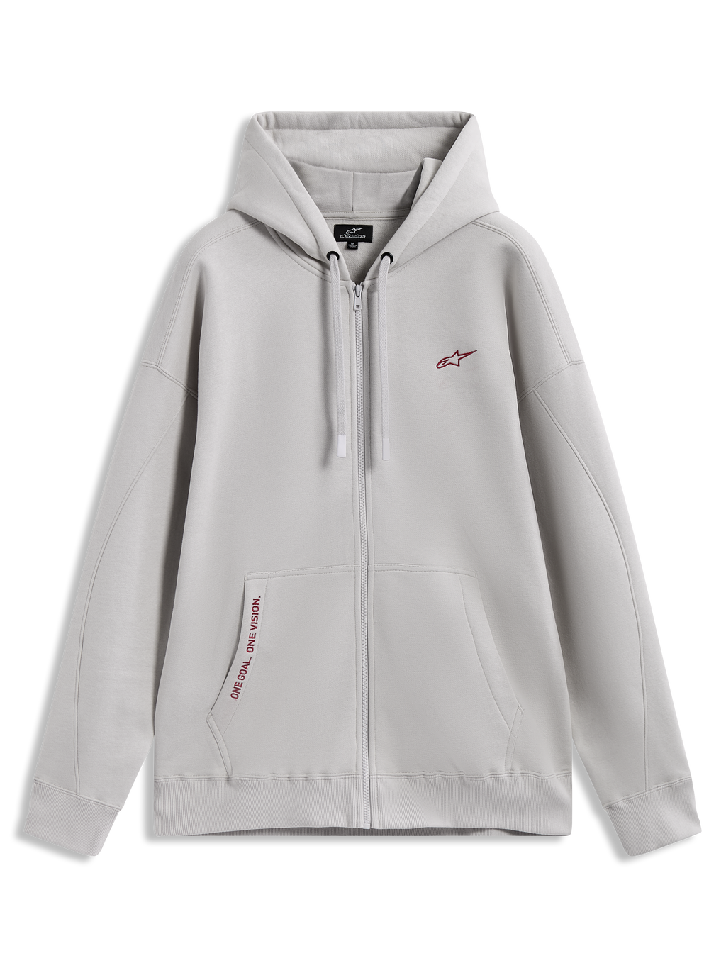 Alpinestars Pioneer Oversized Hoodie, polaire zippée gris ciment avec logos rouges et poche kangourou, style sportswear.