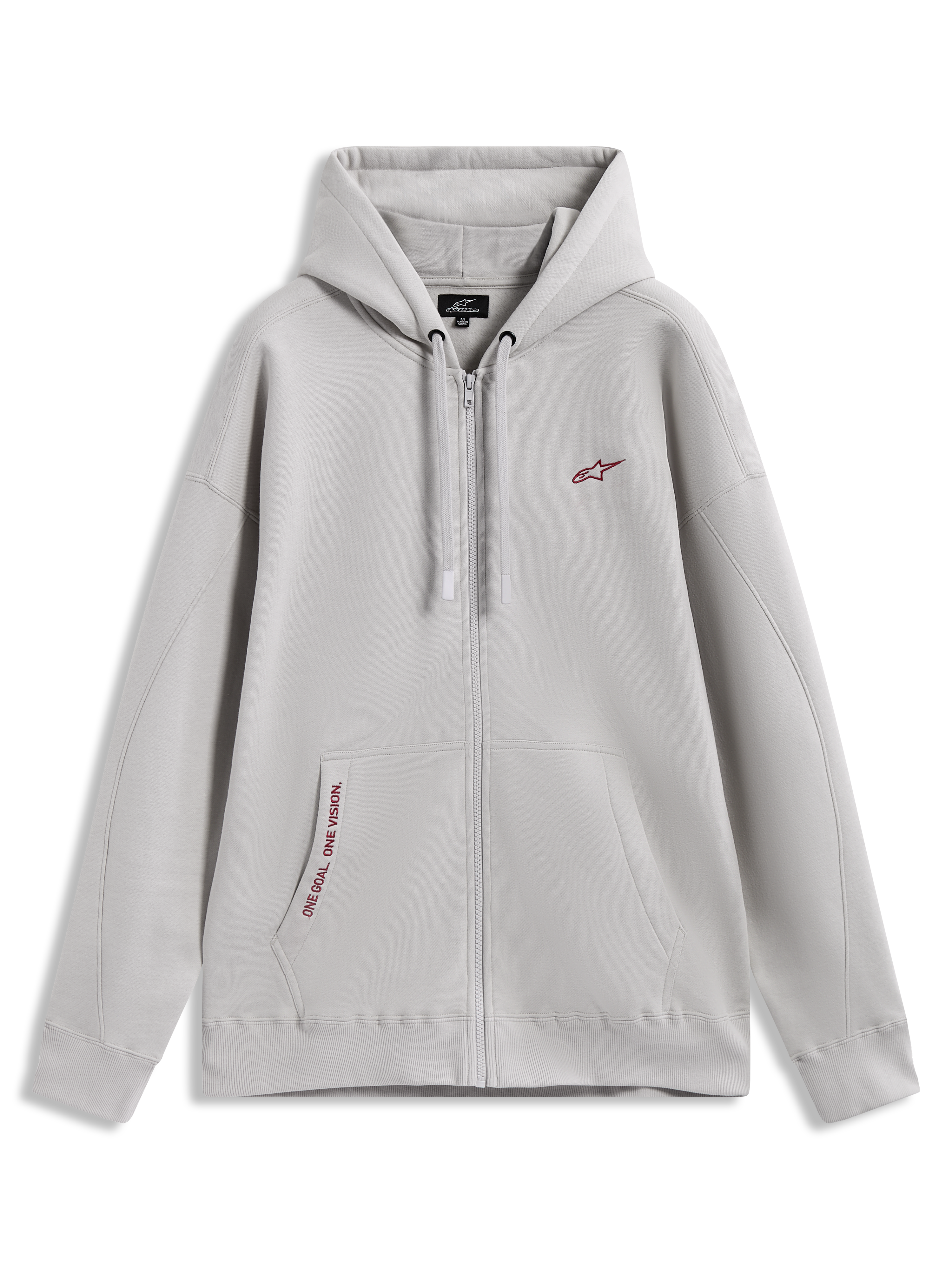 Alpinestars Pioneer Oversized Hoodie, polaire zippée gris ciment avec logos rouges et poche kangourou, style sportswear.