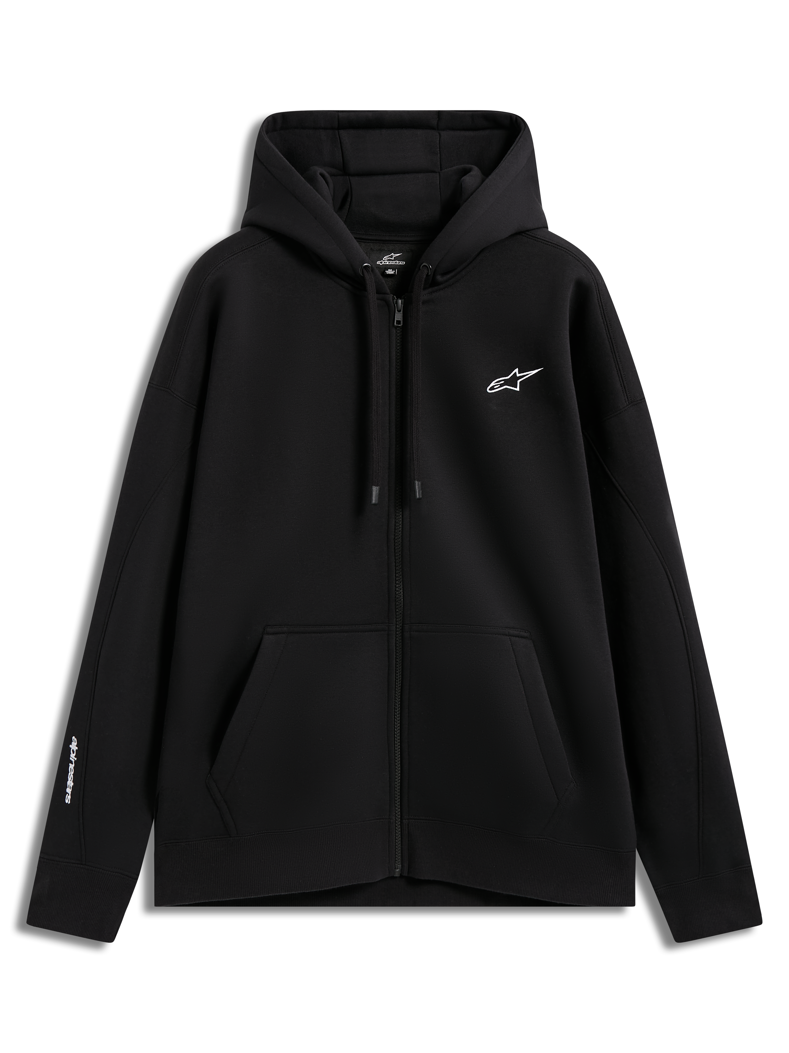 Alpinestars Entity Oversized Hoodie in Black, a zip-up fleece for sportswear with white logo embroidery and kangaroo pocket.