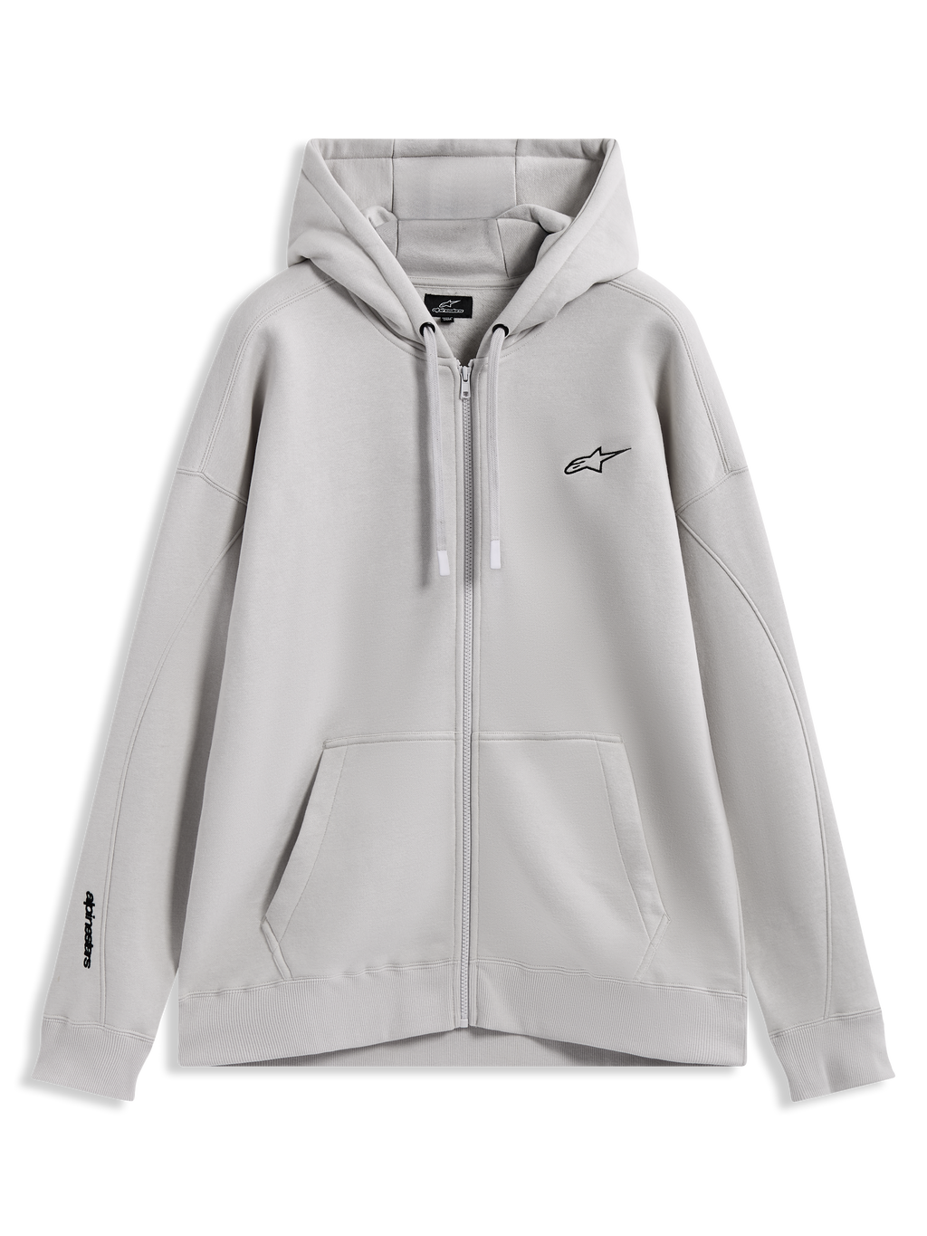 Alpinestars Entity Oversized Hoodie, fleece sportswear met ritssluiting, zandkleur, kangoeroezak en geborduurde logo's.