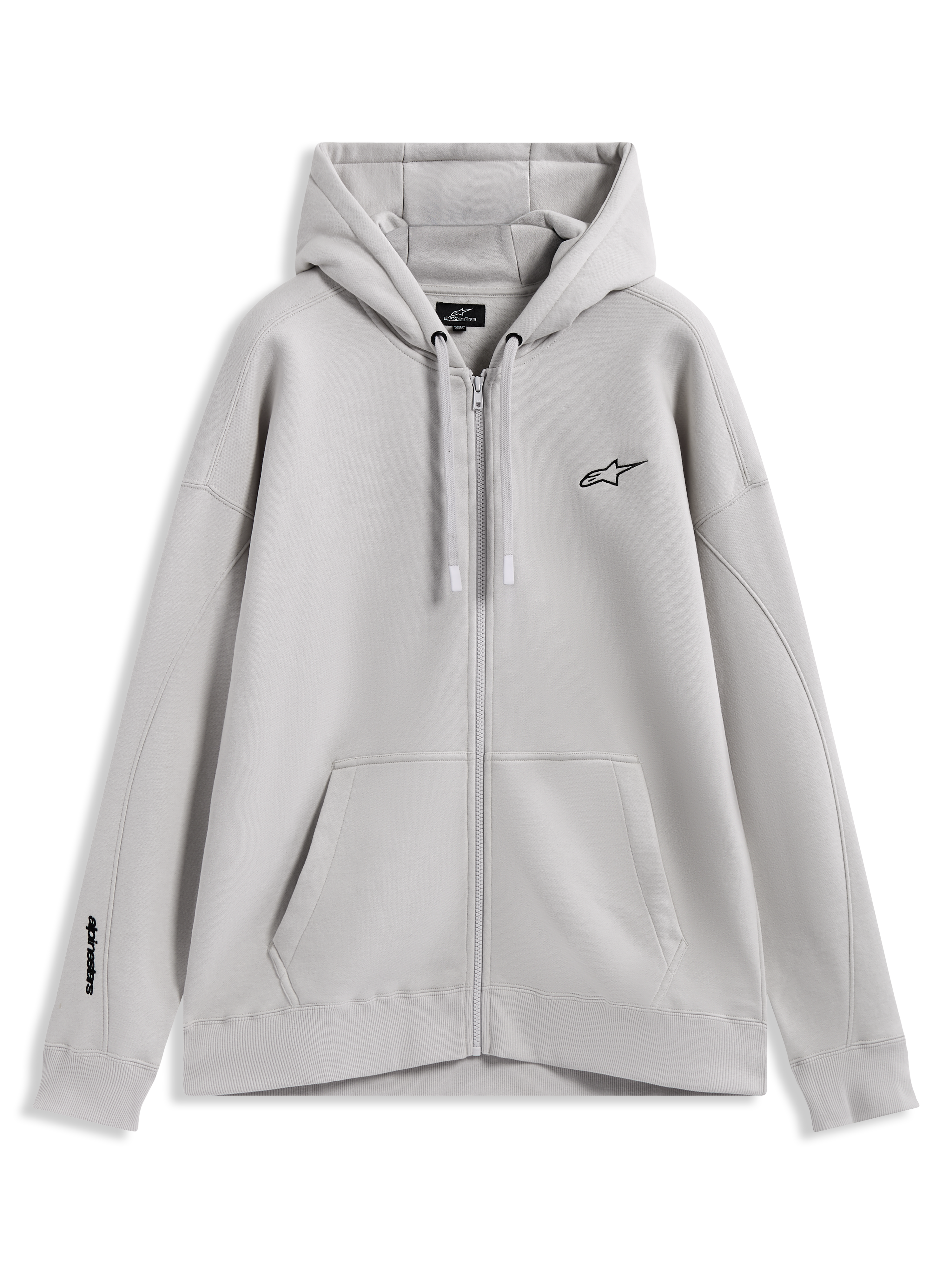 Alpinestars Entity Oversized Hoodie, fleece sportswear met ritssluiting, zandkleur, kangoeroezak en geborduurde logo's.