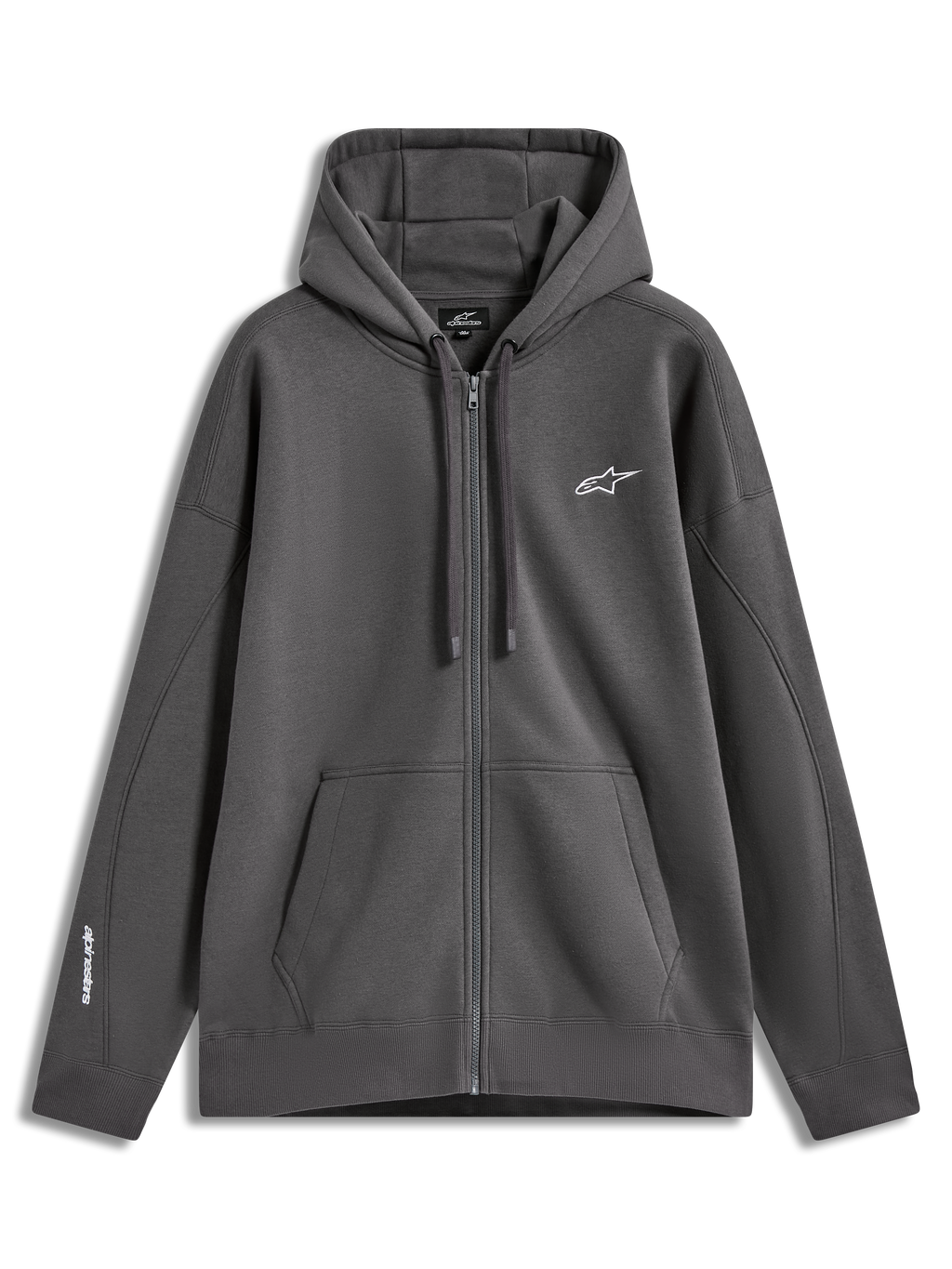 Alpinestars Entity Oversized Hoodie, charcoal gray full-zip sportswear featuring a kangaroo pocket and chest embroidery.