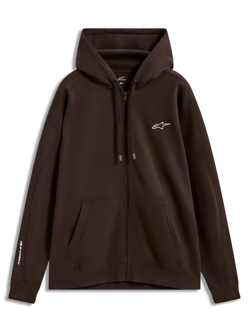 Alpinestars Entity Oversized hoodie, bruine sportswear fleece met ritssluiting, witte logo's op borst en mouw en kangoeroezak.
