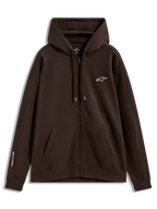 Alpinestars Entity Oversized hoodie, bruine sportswear fleece met ritssluiting, witte logo's op borst en mouw en kangoeroezak.