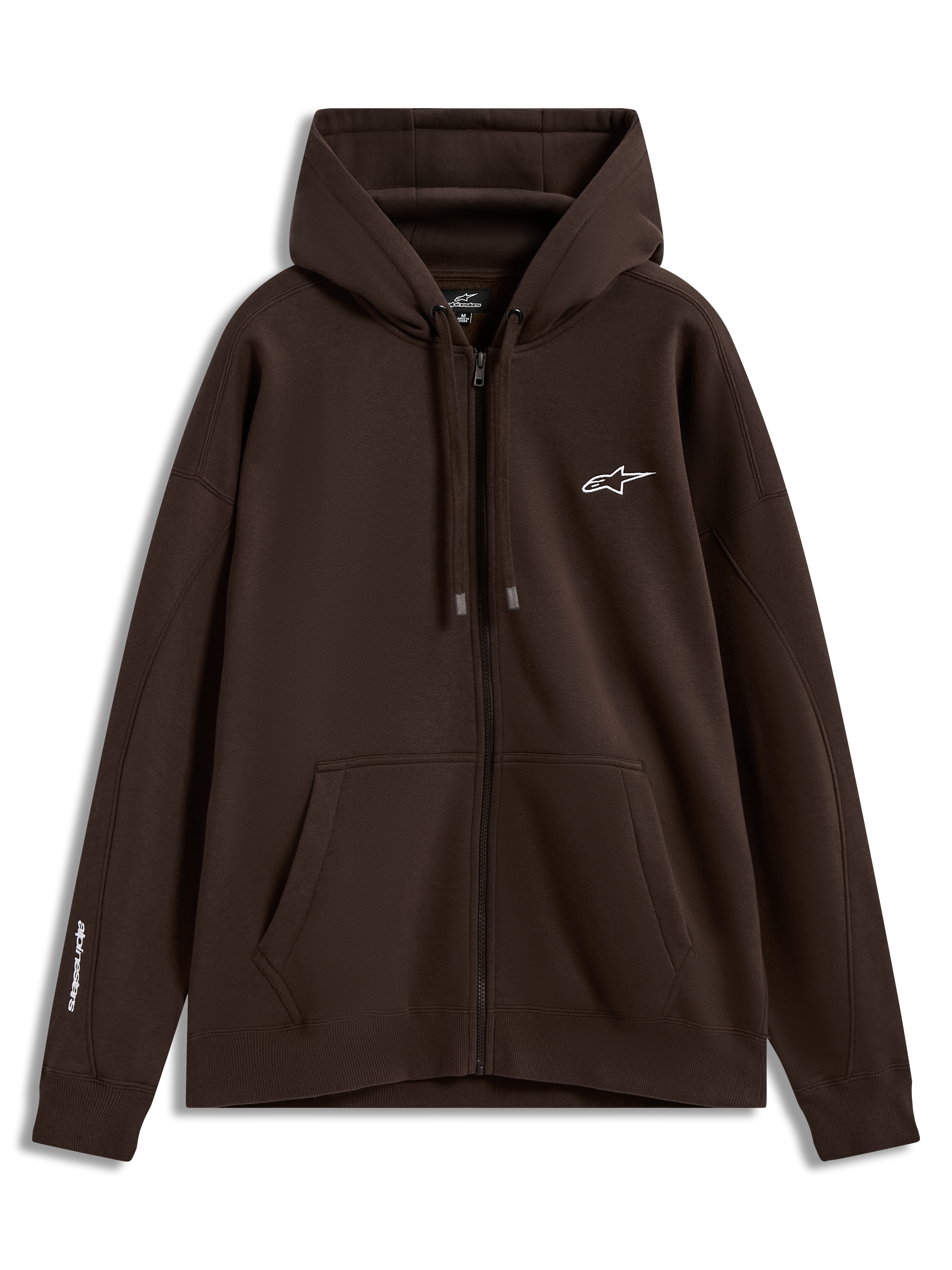 Alpinestars Entity Oversized hoodie, bruine sportswear fleece met ritssluiting, witte logo's op borst en mouw en kangoeroezak.