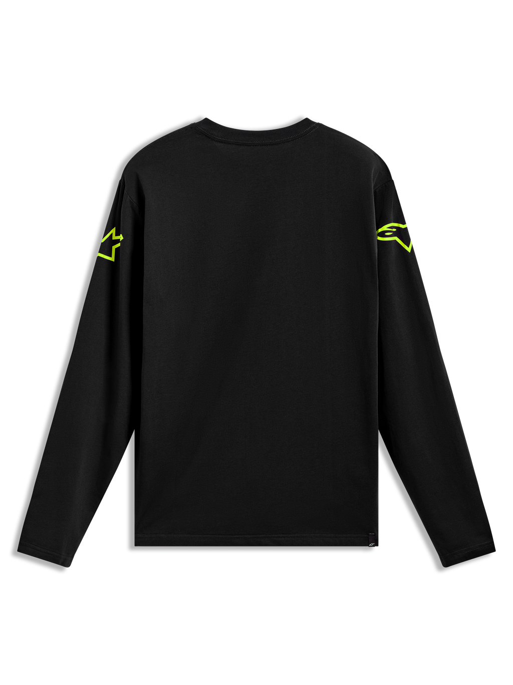 Alpinestars Velocifier CSF Tee met lange mouwen, zwart T-shirt met neongele Astars-logo's op de schouders, rugaanzicht.