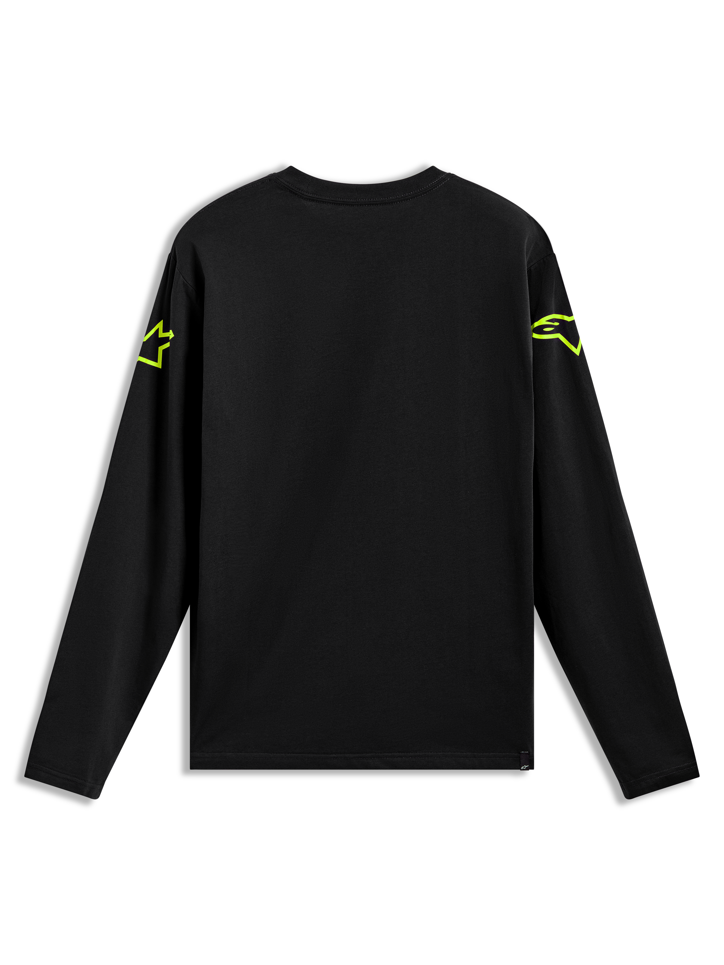 Alpinestars Velocifier CSF Tee met lange mouwen, zwart T-shirt met neongele Astars-logo's op de schouders, rugaanzicht.
