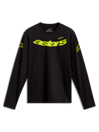 Alpinestars Velocifier CSF t-shirt met lange mouwen, zwart met neongele Astars-logo's op de borst en schouders.