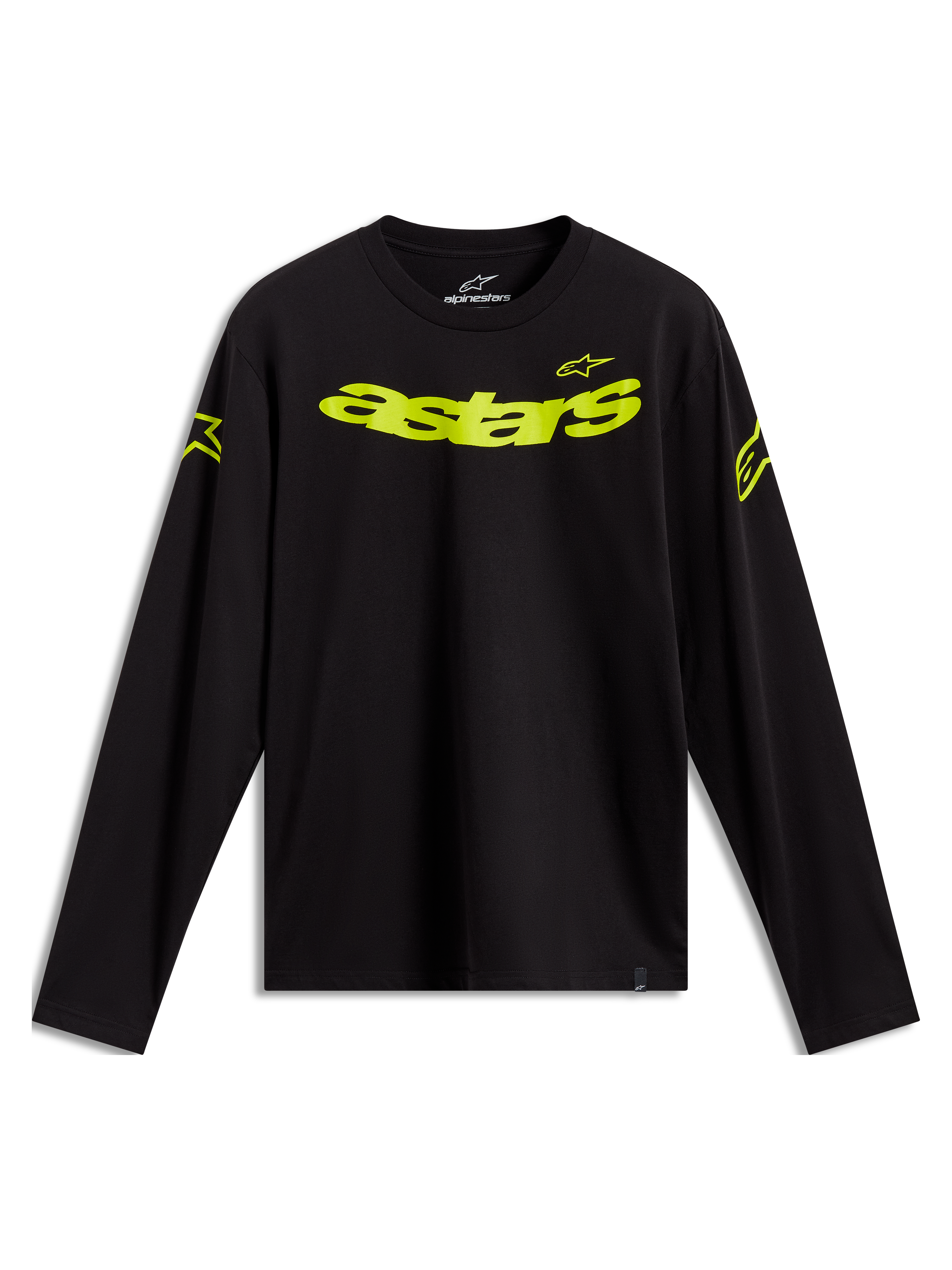 Alpinestars Velocifier CSF t-shirt met lange mouwen, zwart met neongele Astars-logo's op de borst en schouders.