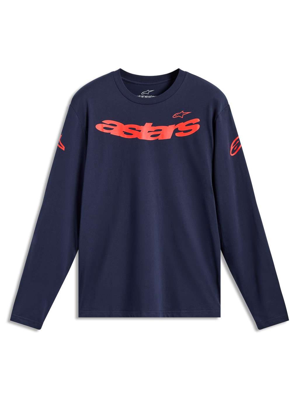 Alpinestars Velocifier CSF, t-shirt à manches longues bleu marine et rouge, logo Astars incurvé et logos sur les épaules.