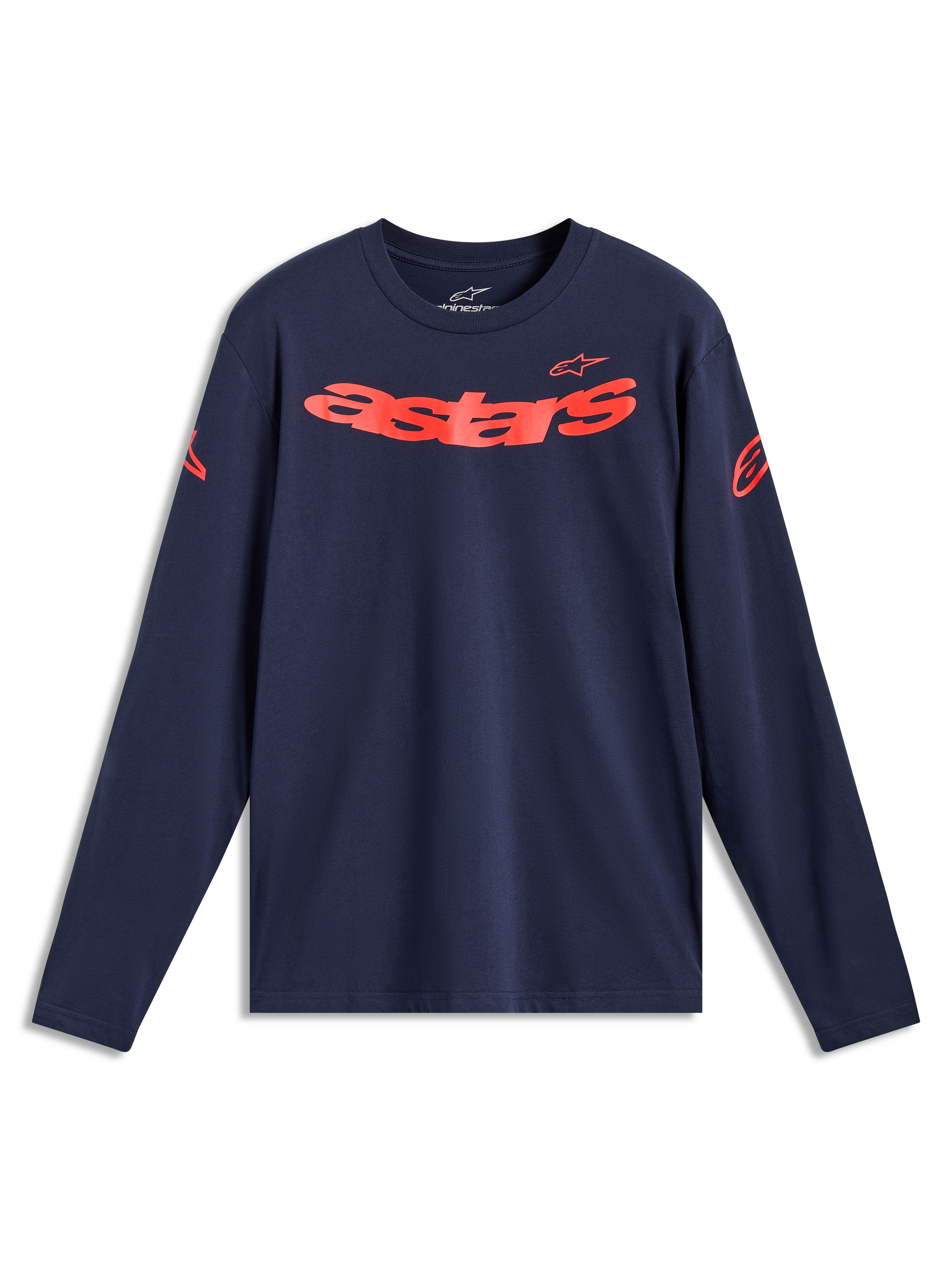 Alpinestars Velocifier CSF, t-shirt à manches longues bleu marine et rouge, logo Astars incurvé et logos sur les épaules.