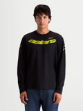 Alpinestars Velocifier CSF T-shirt met lange mouwen voor heren, zwart met een gele gebogen Astars-graphic op de borst en logo's op de schouders, zachte katoenmix, motorsport-geïnspireerde casual kleding.