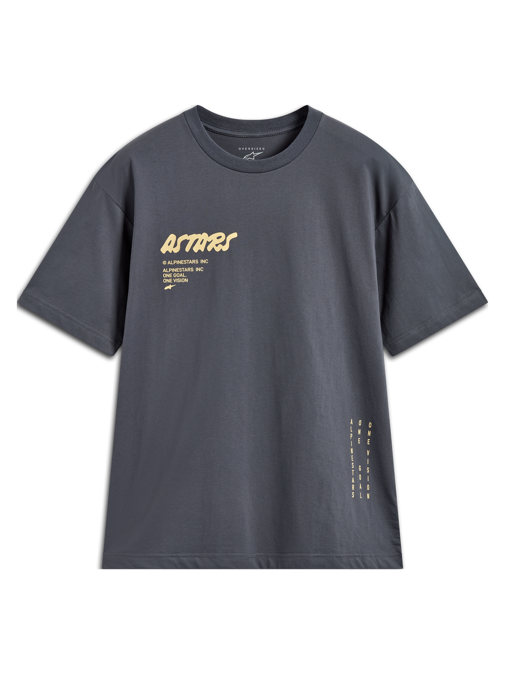Alpinestars Chalk Oversized CSF, t-shirt à manches courtes gris anthracite, logo Astars et marquage vertical sur le côté.