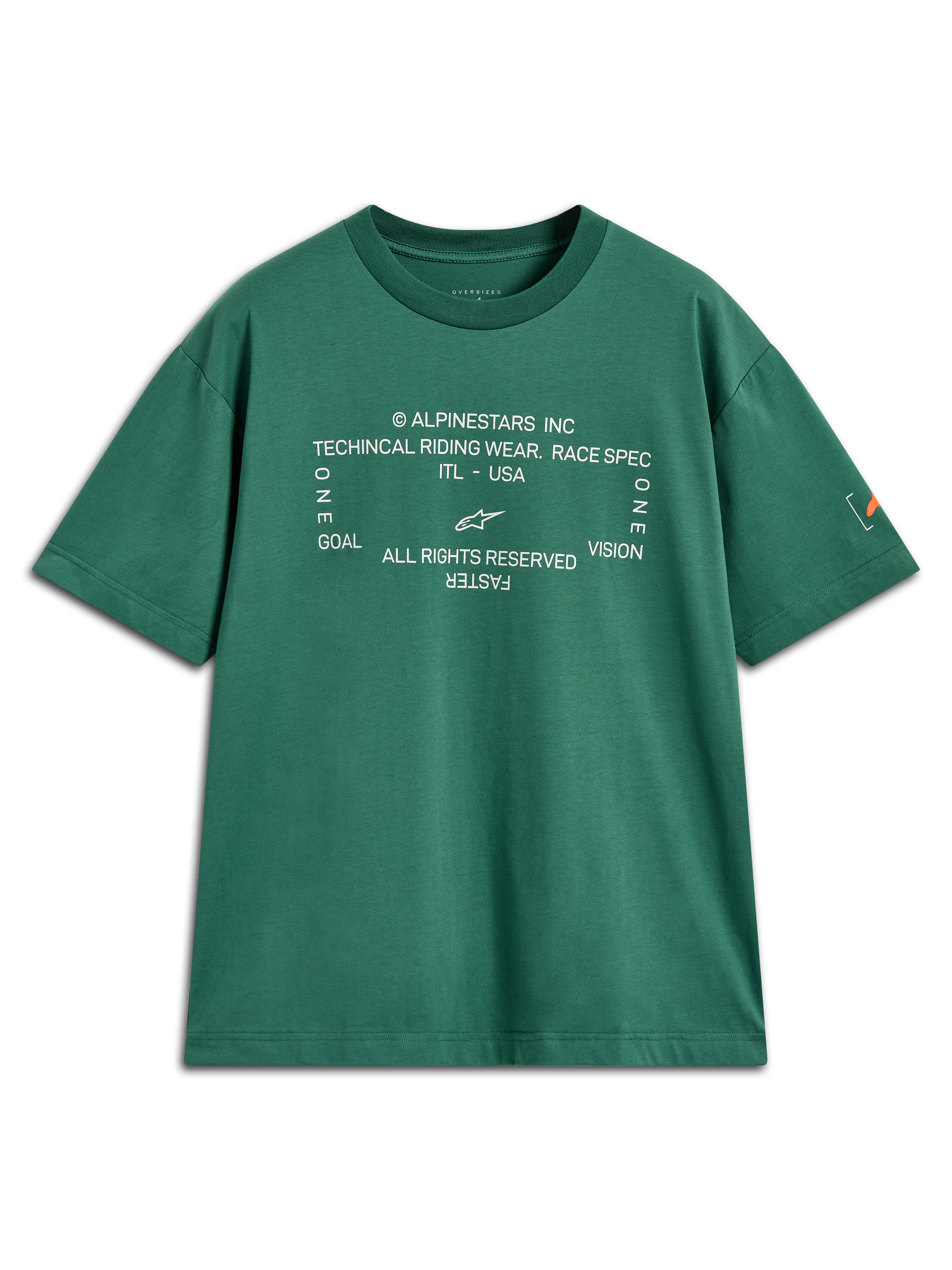 Alpinestars Infinity Oversized CSF Tee, t-shirt à manches courtes vert avec graphique technique blanc à l'avant et logo Astars sur la manche, style sportswear décontracté