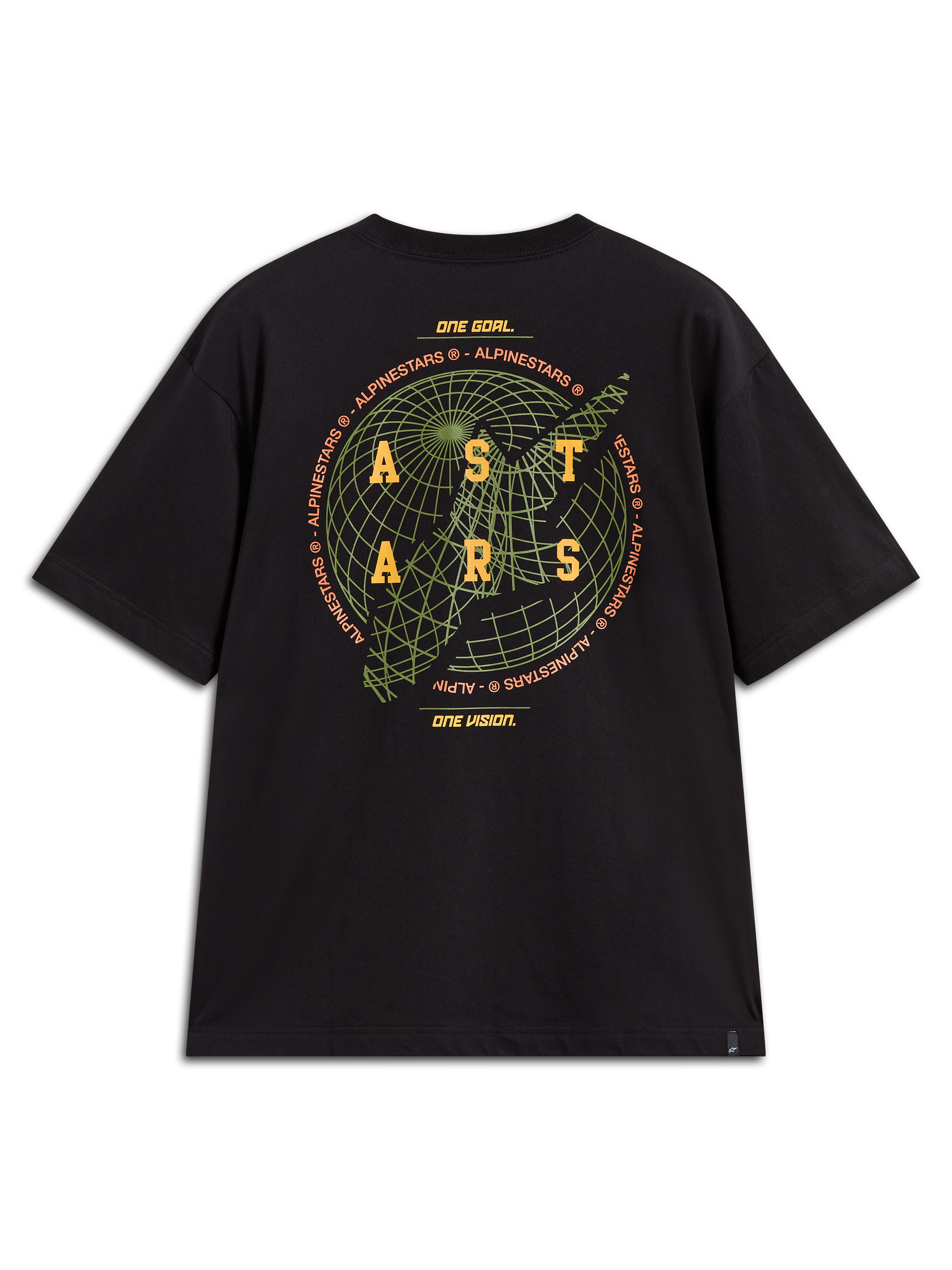 Alpinestars Latitude Oversized CSF t-shirt, zwart shirt met groene globe en geel ASTARS-logo op de achterkant.