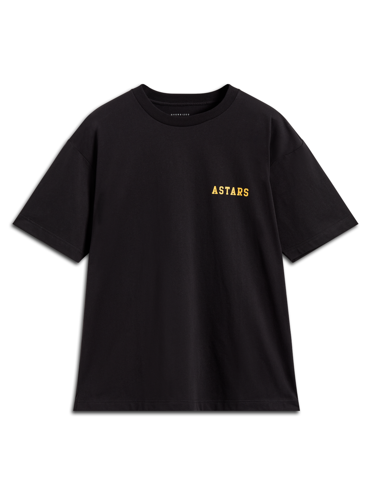 Alpinestars Latitude Oversized CSF Tee, black short-sleeve sportswear shirt featuring a yellow Astars word logo.