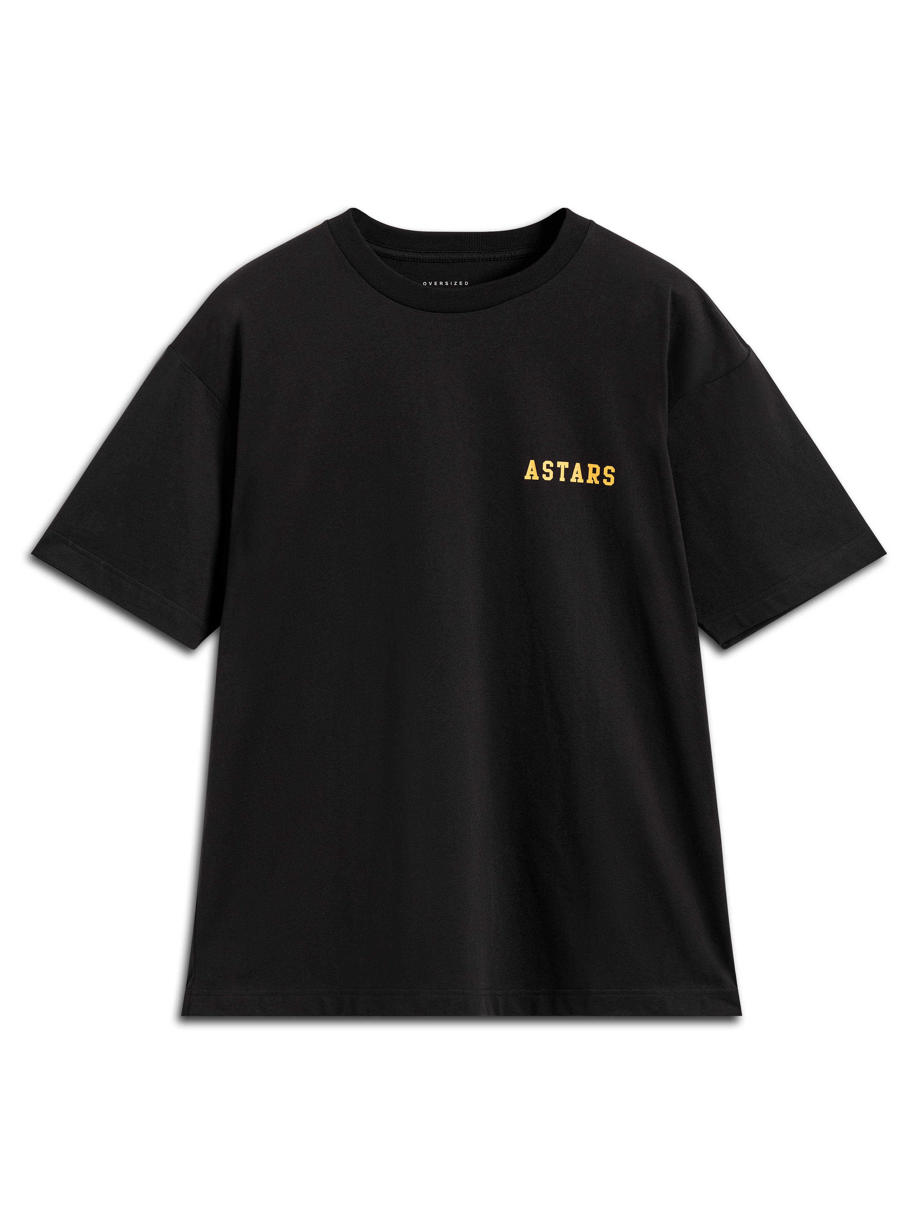 Alpinestars Latitude Oversized CSF Tee, sportswear T-shirt met korte mouwen, zwart, oversized pasvorm met geel Astars woordlogo op de borst.