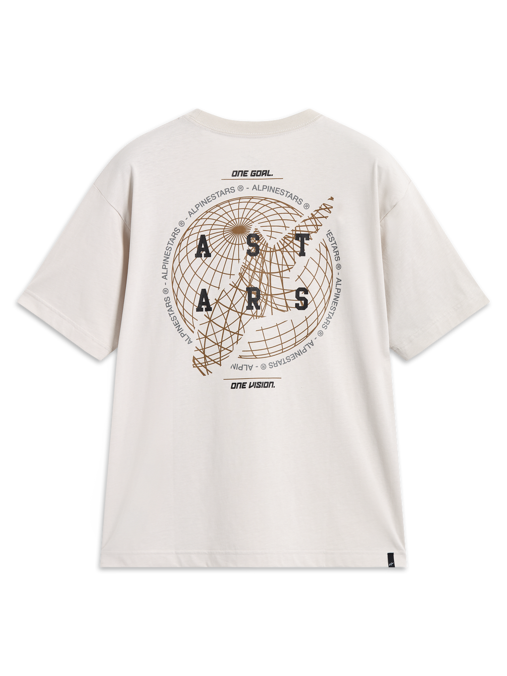 Alpinestars Latitude Oversized CSF, t-shirt de sportswear beige ciment à manches courtes, logo Astars et globe au dos.