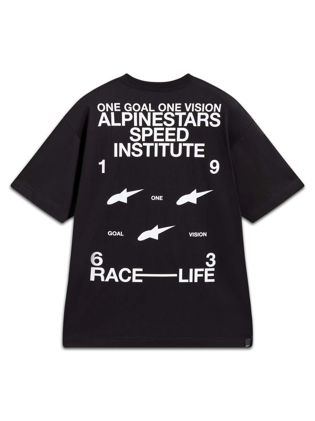 Alpinestars Institute Oversized CSF Tee, t-shirt noir à manches courtes avec graphismes blancs Speed Institute au dos.