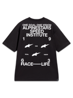 Alpinestars Institute Oversized CSF Tee, t-shirt noir à manches courtes avec graphismes blancs Speed Institute au dos.