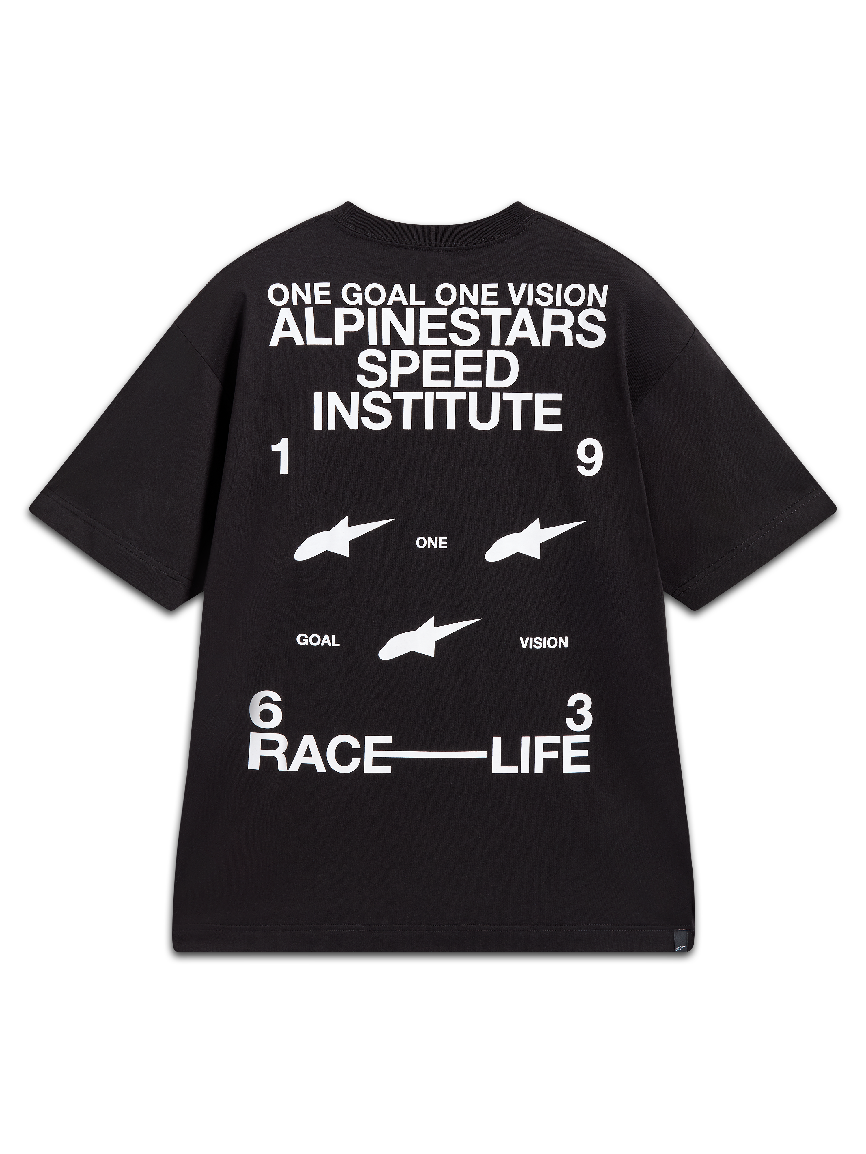 Alpinestars Institute Oversized CSF Tee, t-shirt noir à manches courtes avec graphismes blancs Speed Institute au dos.