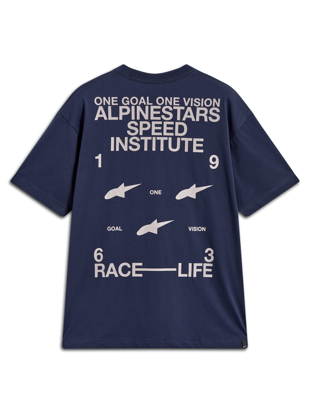 Alpinestars Institute Oversized SS CSF Tee, t-shirt à manches courtes bleu marine avec grands graphismes blancs au dos.